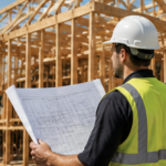 Builder reviewing construction plans on a residential building site in Melbourne