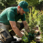 Landscaper planting shrubs and creating a modern garden in Melbourne
